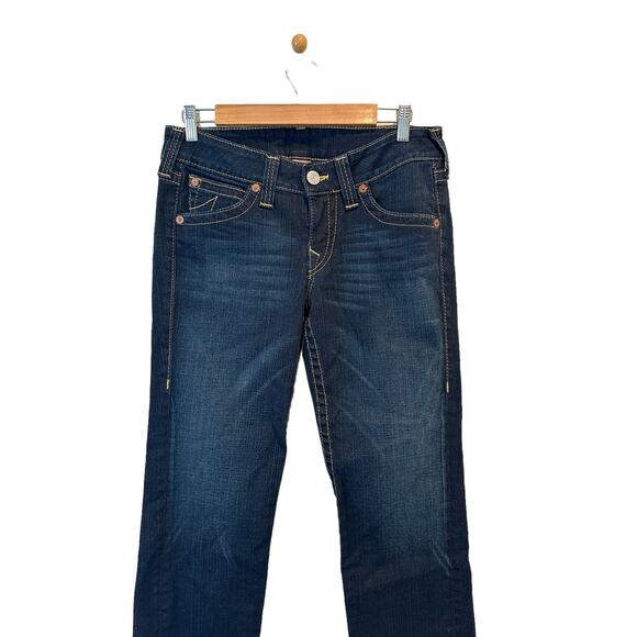 True Religion Tommy Vintage Y2K Low Rise Dark Wash Orange Stitched Bootcut Jean - Picture 6 of 16